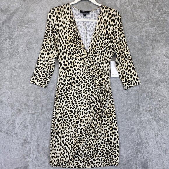 Karen Kane Dress Womens Small Animal Print Safari Cascade Wrap Cheetah 3/4 - Picture 1 of 12